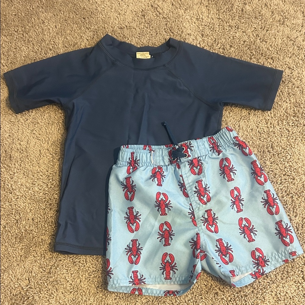 Rugged Butts Rash Guard & Light Blue Lobster Swim Trunks Set